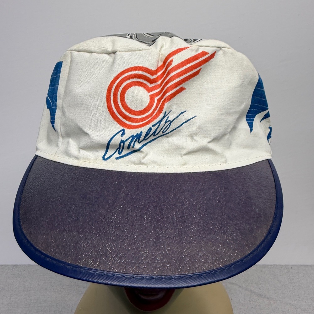 Vintage‎ Busch Beer Comets Painter Cap Hat White Blue Graphic Elastic Back